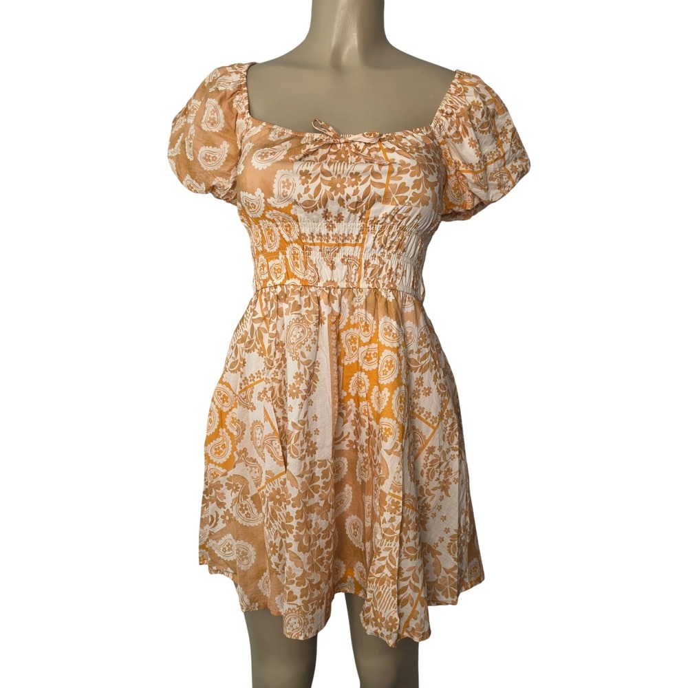 Francesca's Dress Women M Orange Paisley 26EV97YKLD Smocked Waist Puff Sleeve